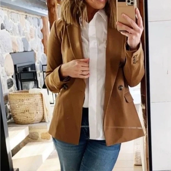 Liverpool X Living in Yellow Becca Double Breasted Tan Blazer Large EUC